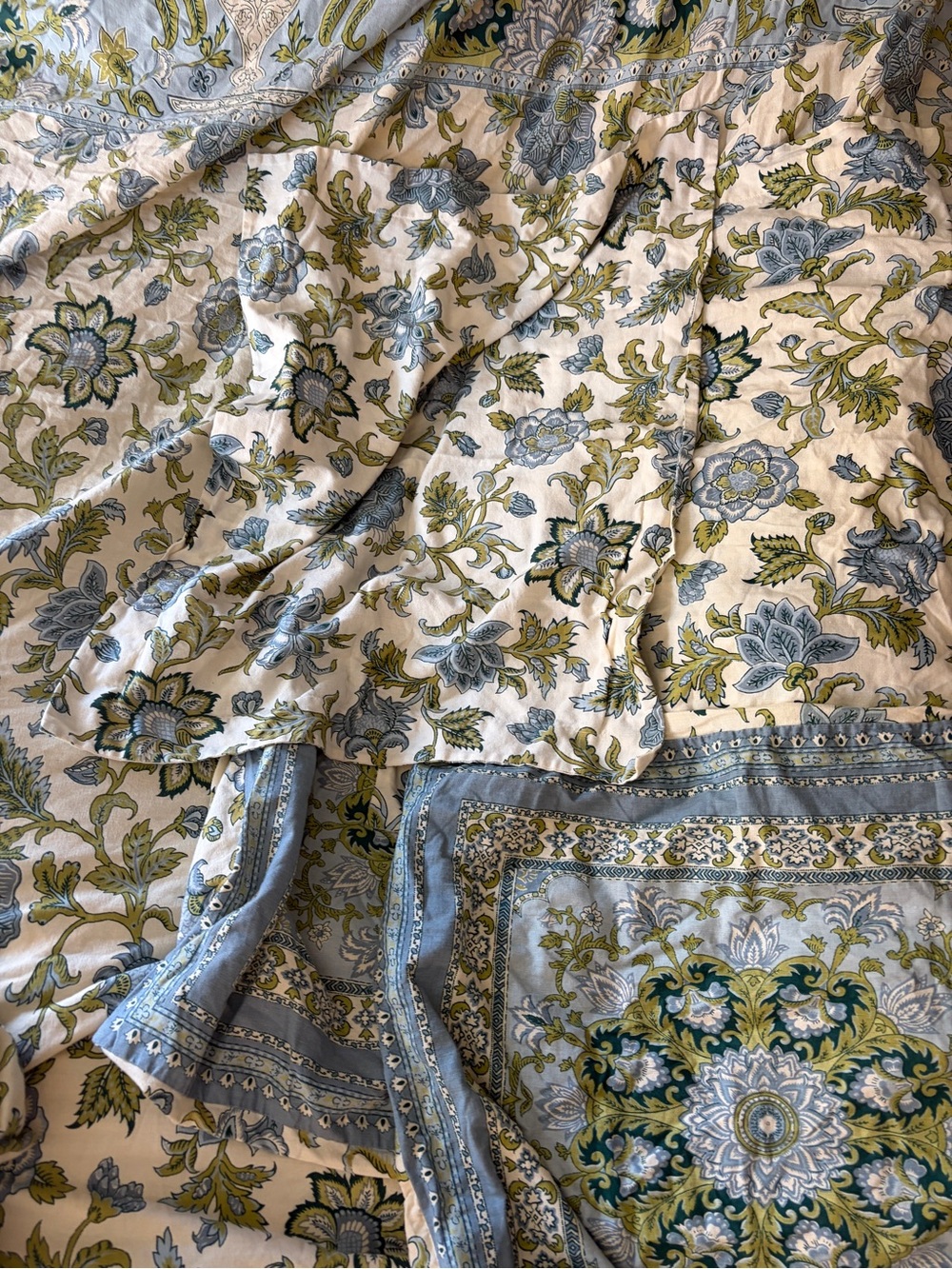 Vintage Pottery Barn Floral Block Print Linen Duvet Cover + 2 Pillowcases 2 Sham - Picture 10 of 12